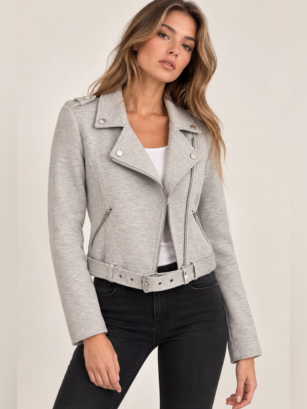 Zara TRF Gray Knit Moto Biker Jacket Belted Silver Hardware Size S